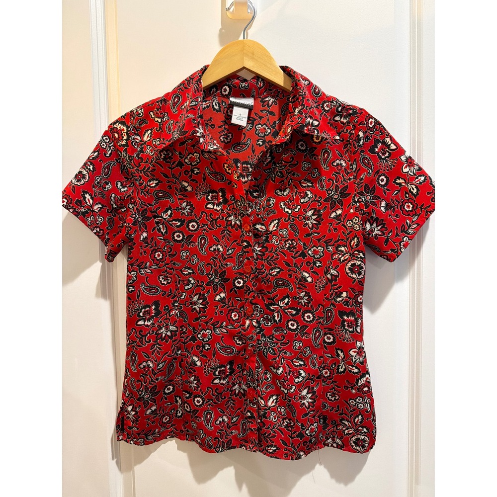 Kim Rogers Essentials Womens Small Red Paisley Floral Button Down Shirt Top